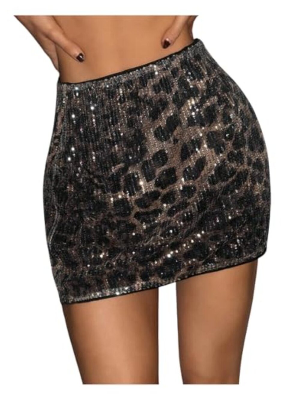 Sequin Cheetah Print Bodycon Mini Skirt with Zipper Closure